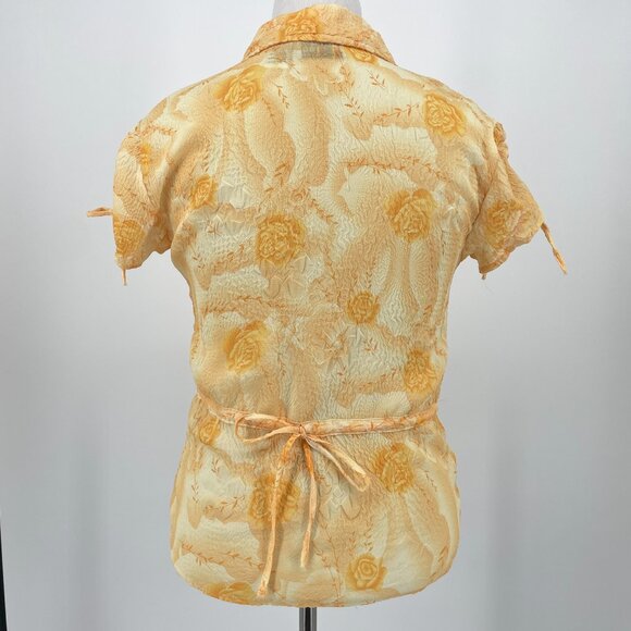 Vintage Y2K Unique Spectrum Crinkle Floral Shirt Ruched Tie Sleeve Orange M - Picture 4 of 9